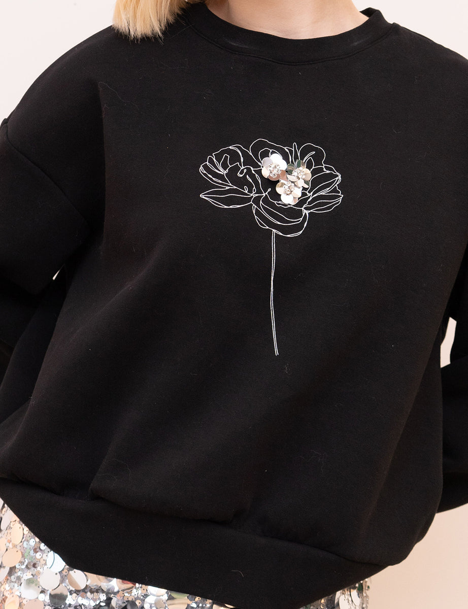 Sliver Metallic Flower-embroidered Wool-blend Pullover