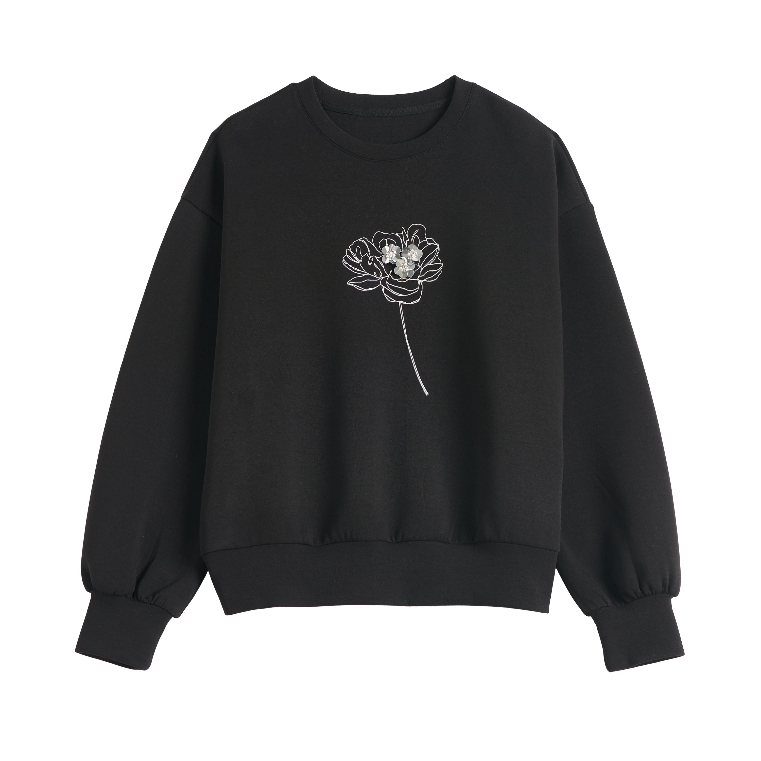 Sliver Metallic Flower-embroidered Wool-blend Pullover Sweatshirt