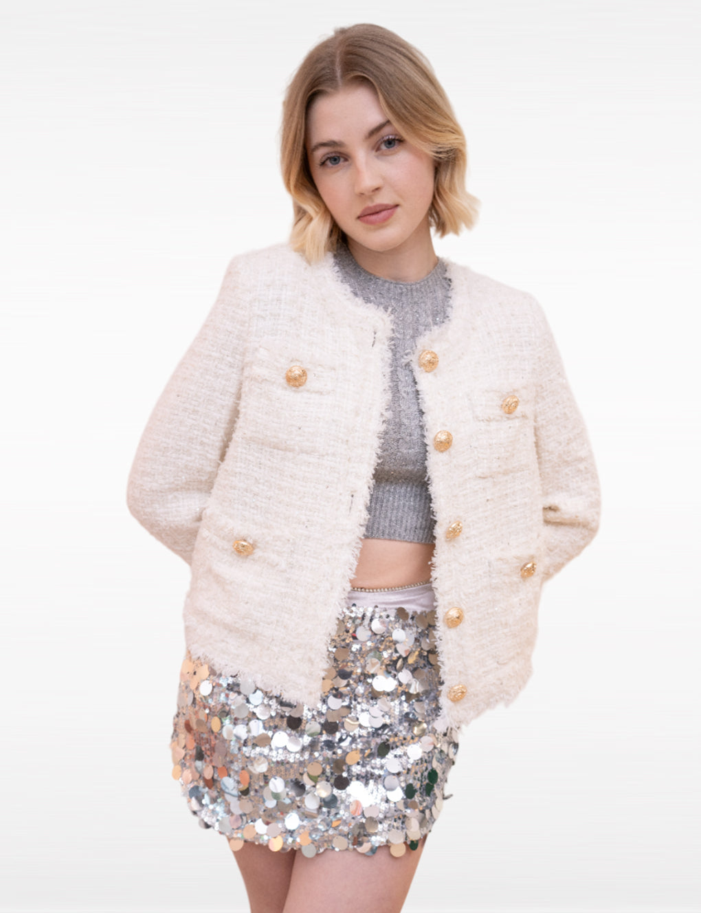 Botton-embellished Braided-trim Tweed Jacket