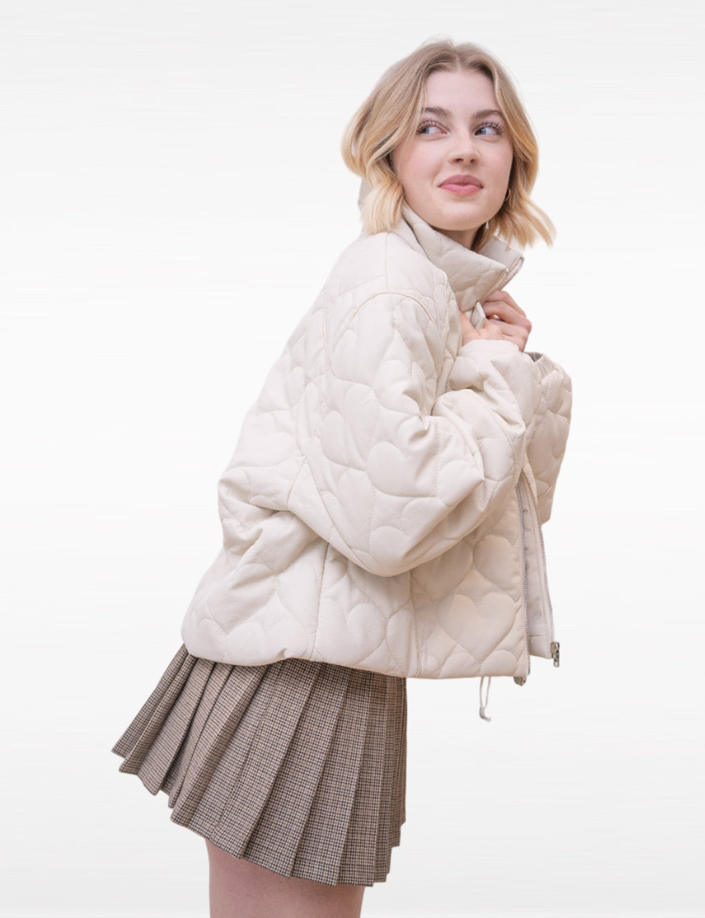 Beige Heart Trimmed High-neck Jacket