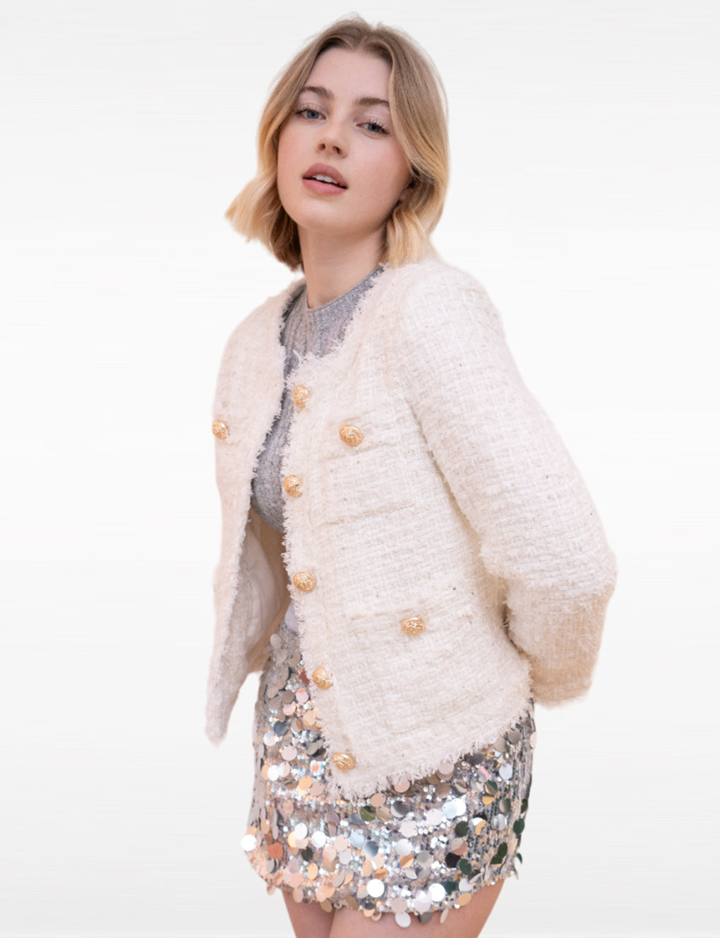 Botton-embellished Braided-trim Tweed Jacket