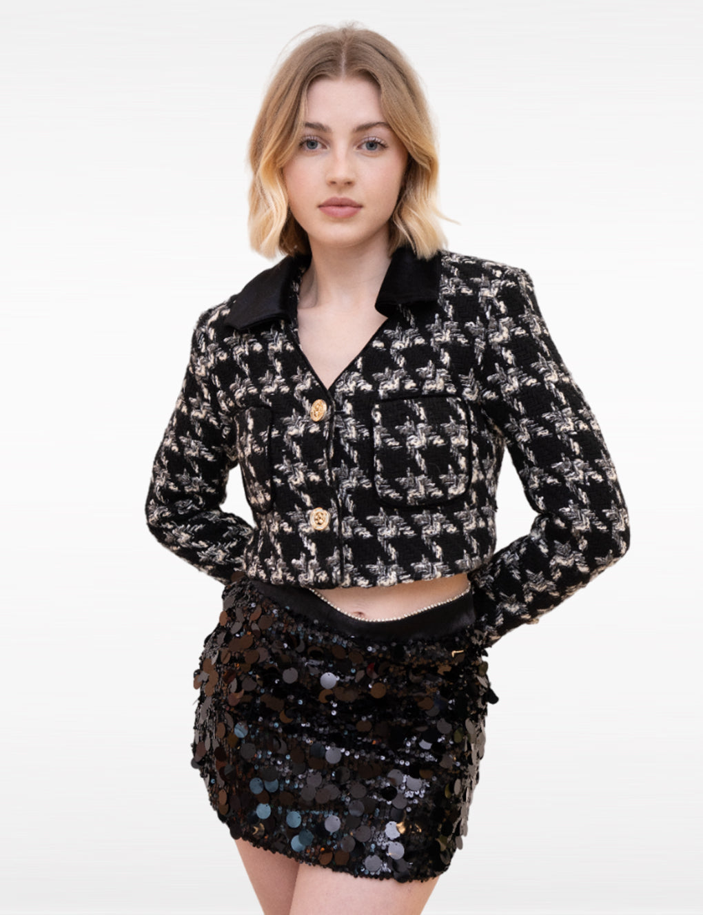 Houndstooth Velvet Lapel Wool-blend Tweed Jacket