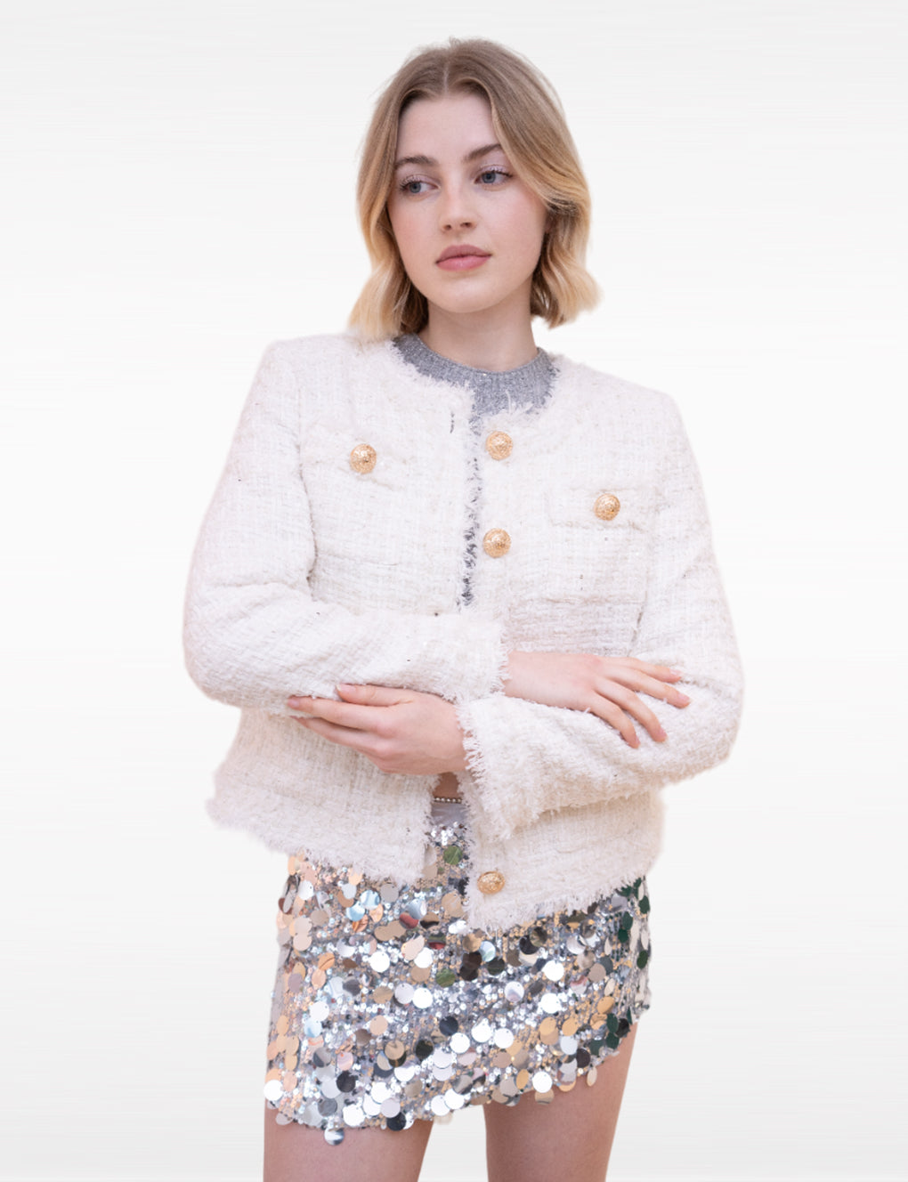 Botton-embellished Braided-trim Tweed Jacket