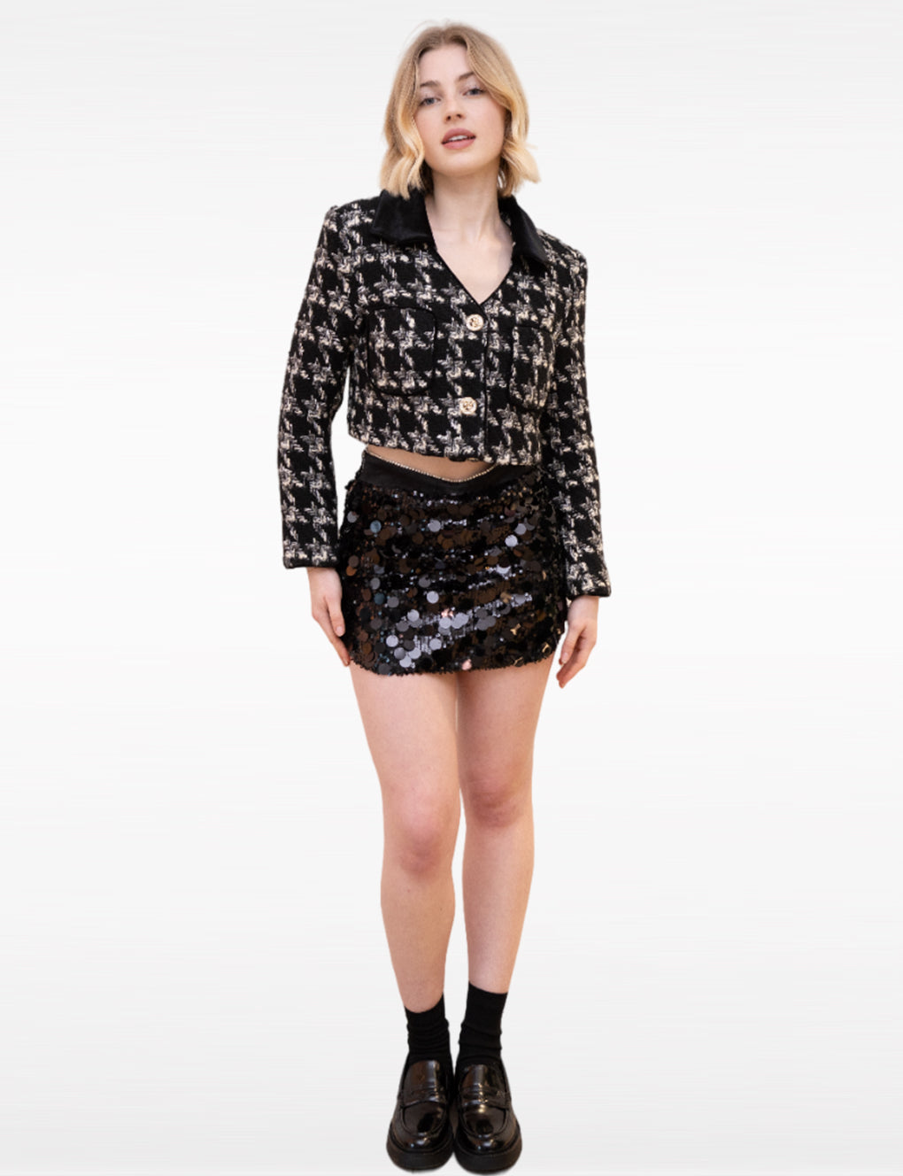 Houndstooth Velvet Lapel Wool-blend Tweed Jacket