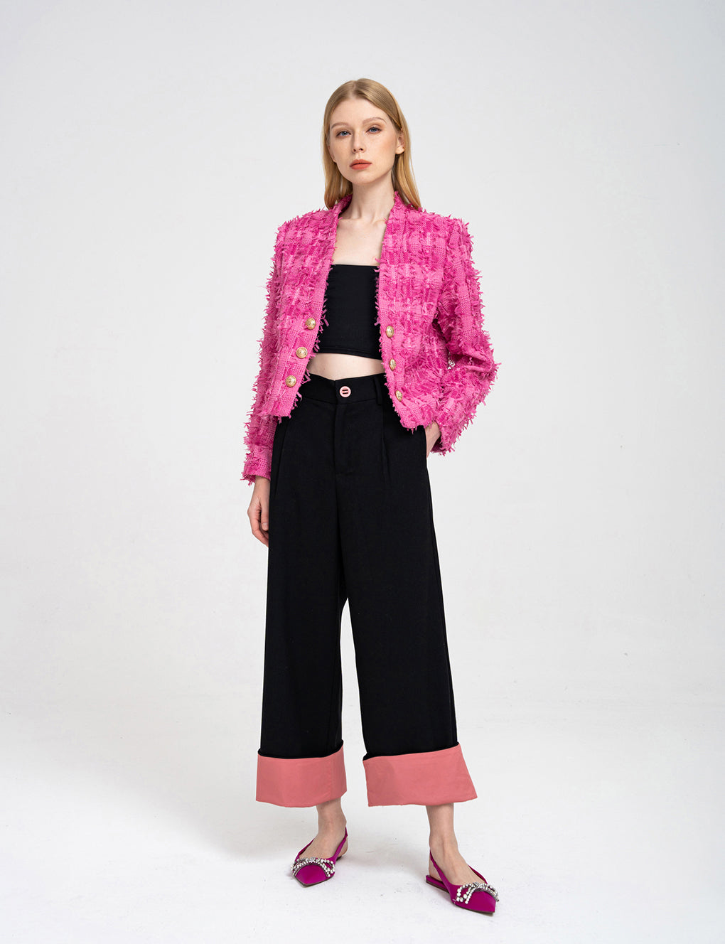 Double-breasted V-neck Braided-tweed Jacket