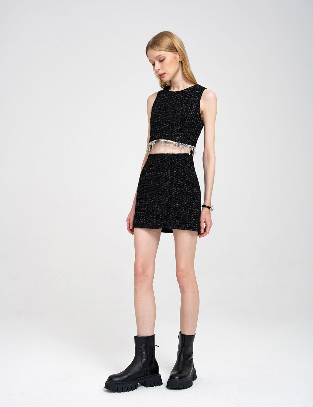 Metallic-thread Cotton-blend Tweed Mini Skirt