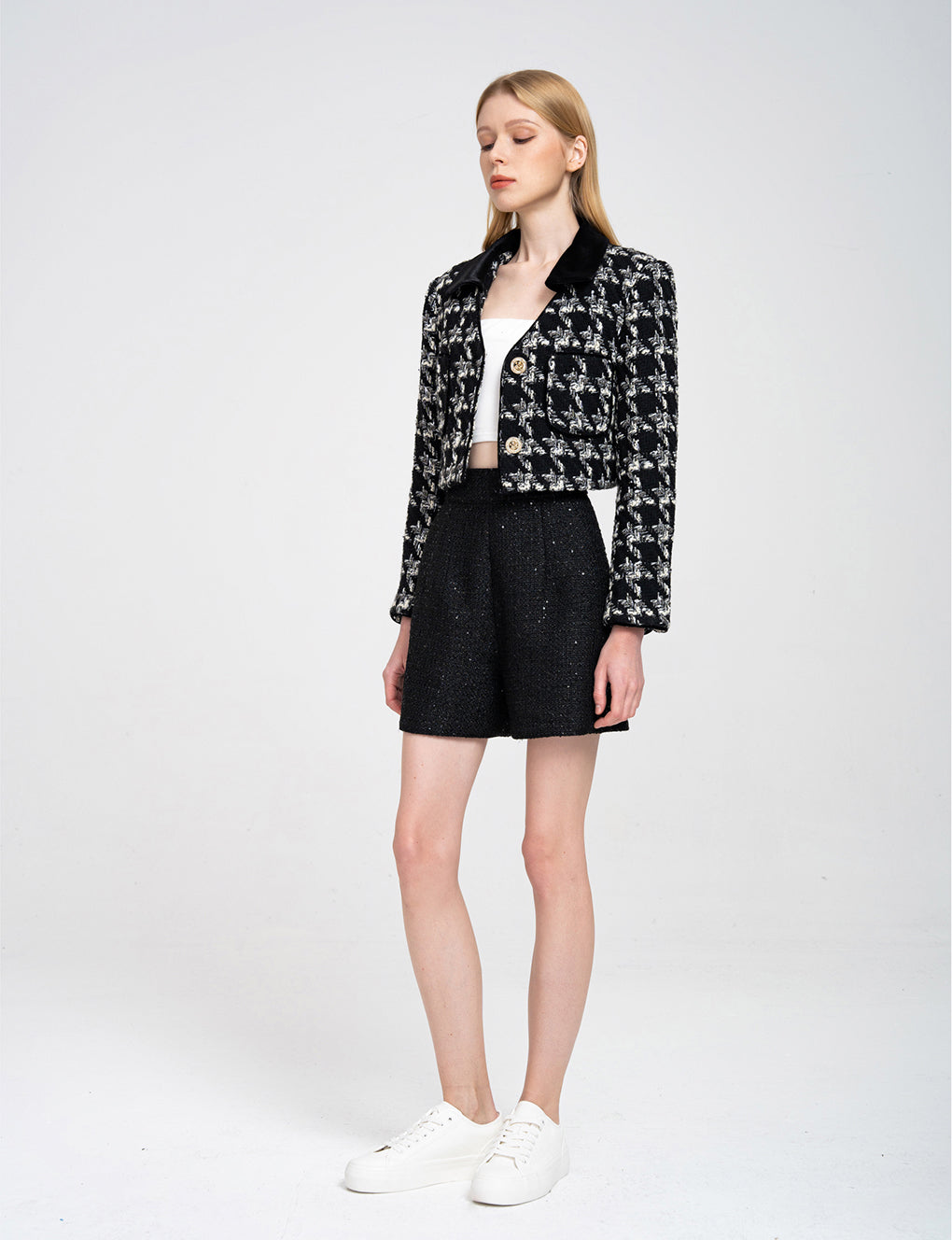 Houndstooth Velvet Lapel Wool-blend Tweed Jacket