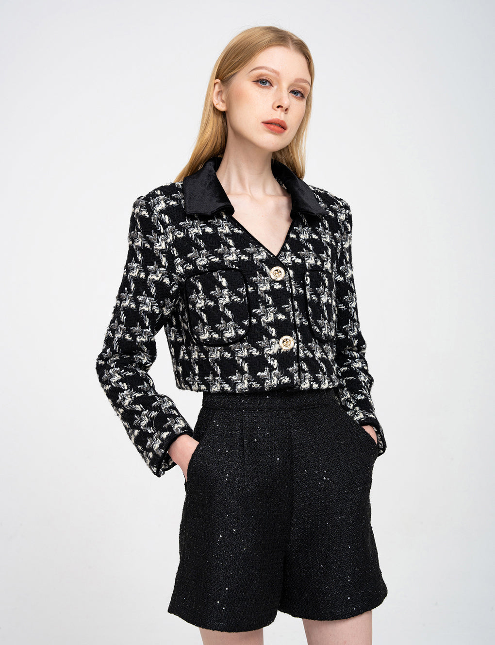 Houndstooth Velvet Lapel Wool-blend Tweed Jacket