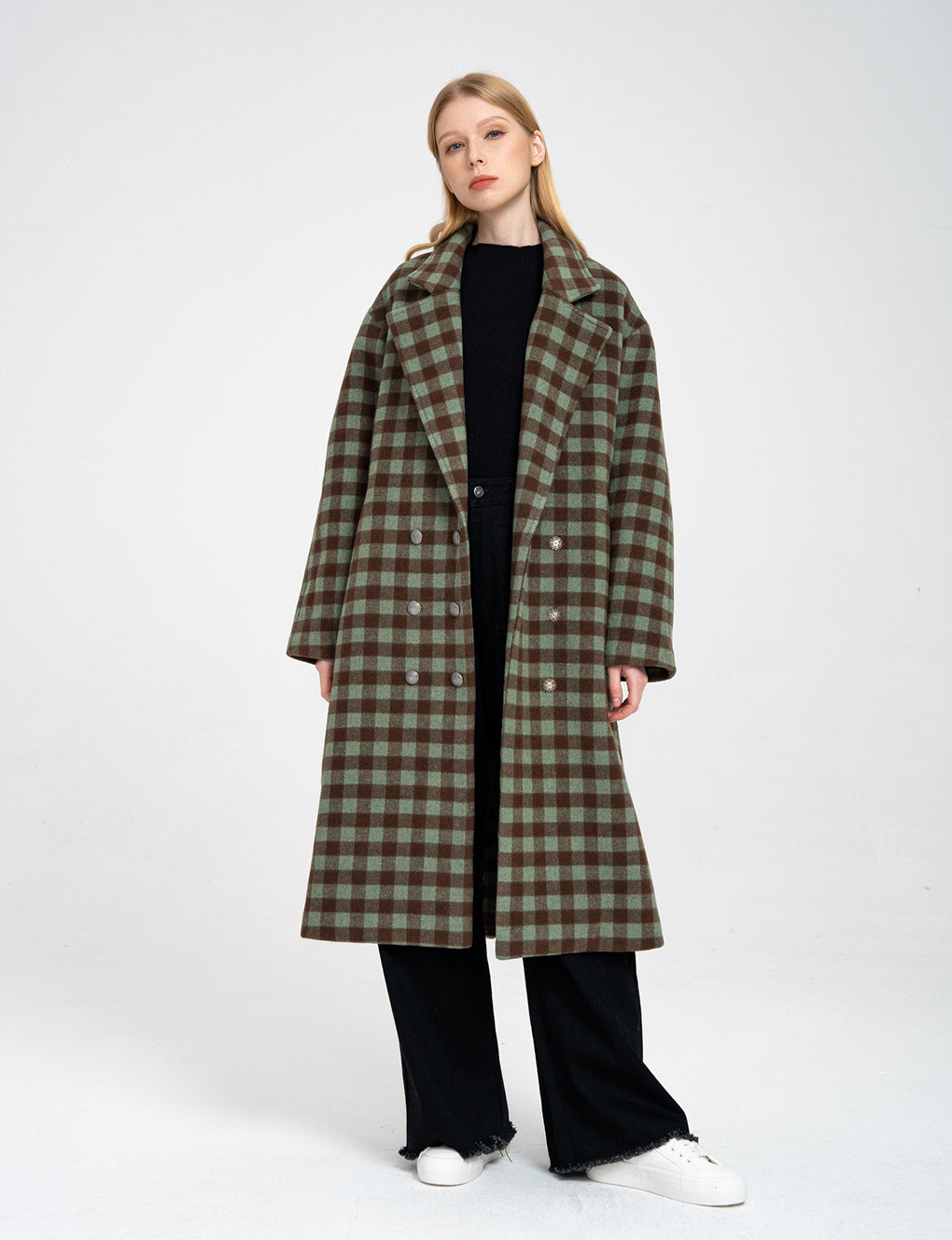 Leisure Plaid Pattern Double-breasted Wool-blend Overcoat