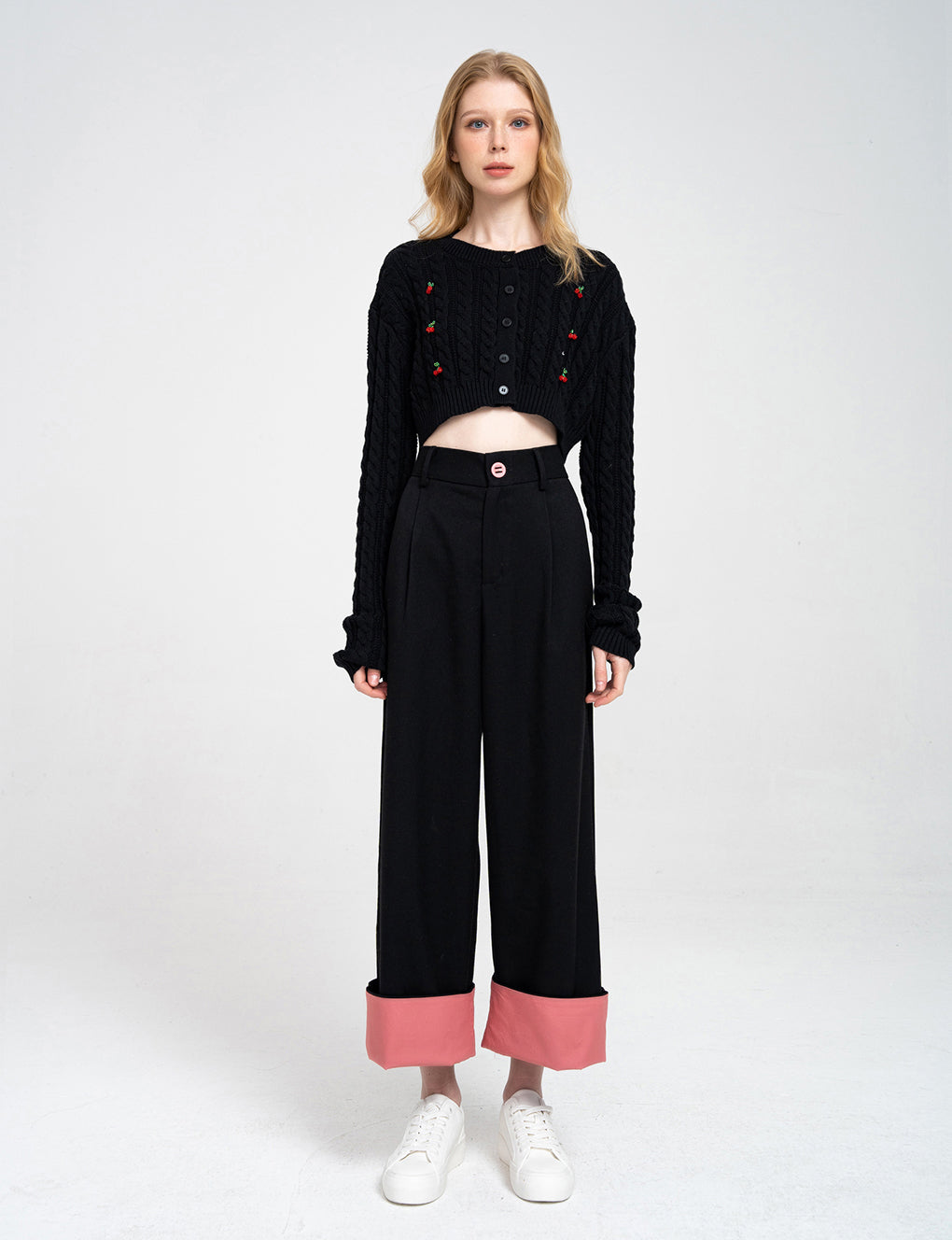Cropped Cherry-embellished Cable-knit Wool-blend Cardigan