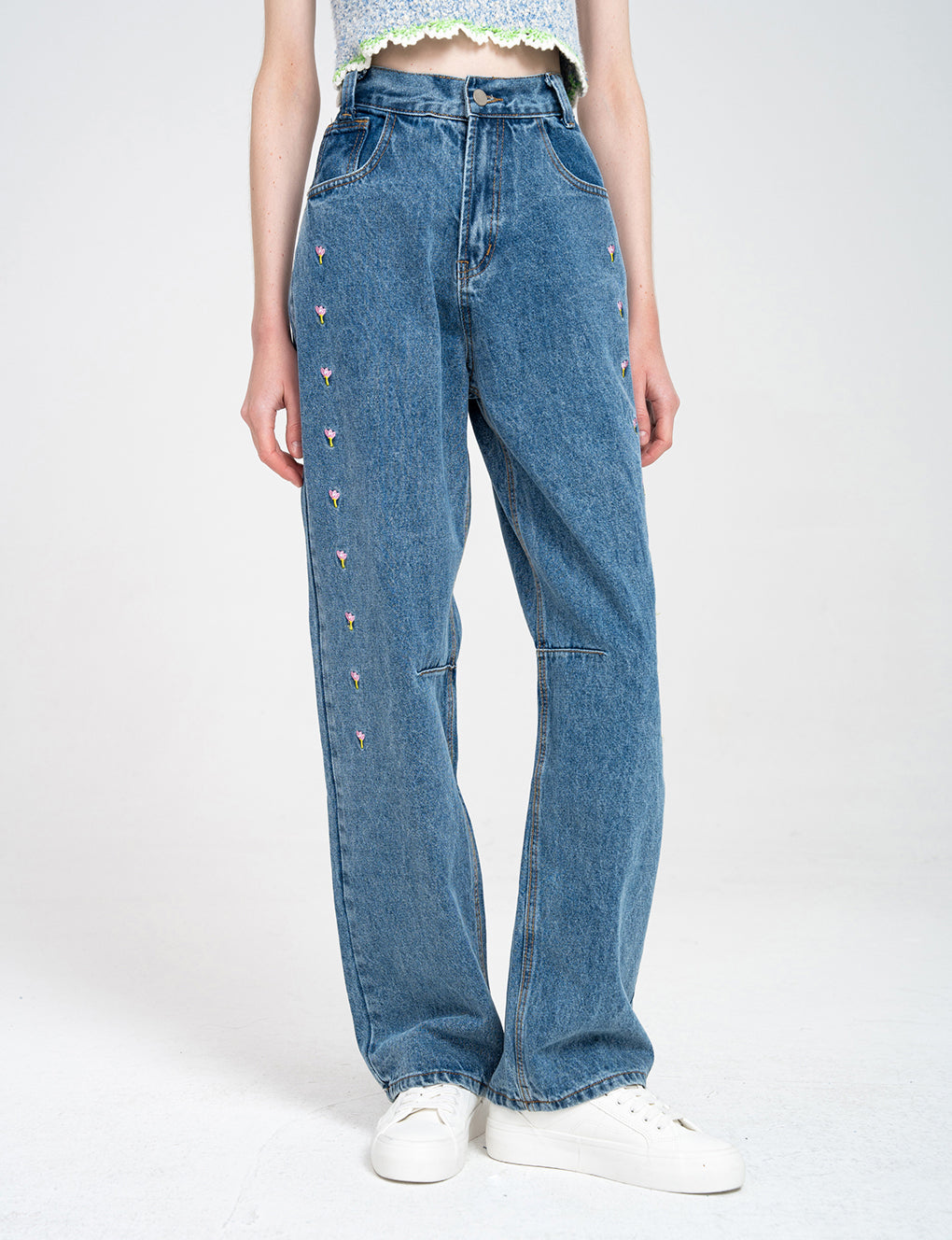 Floral-embroidered High-rise Straight-leg Jeans