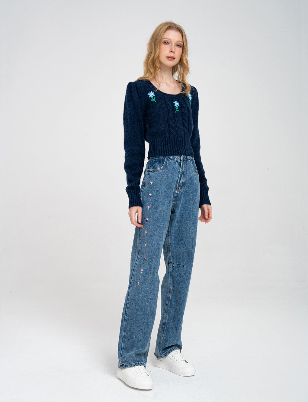 Cropped Floral-embroided Cable-knit Wool-blend Sweater