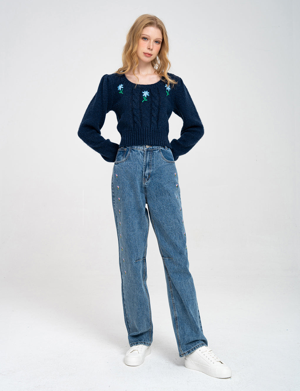 Cropped Floral-embroided Cable-knit Wool-blend Sweater