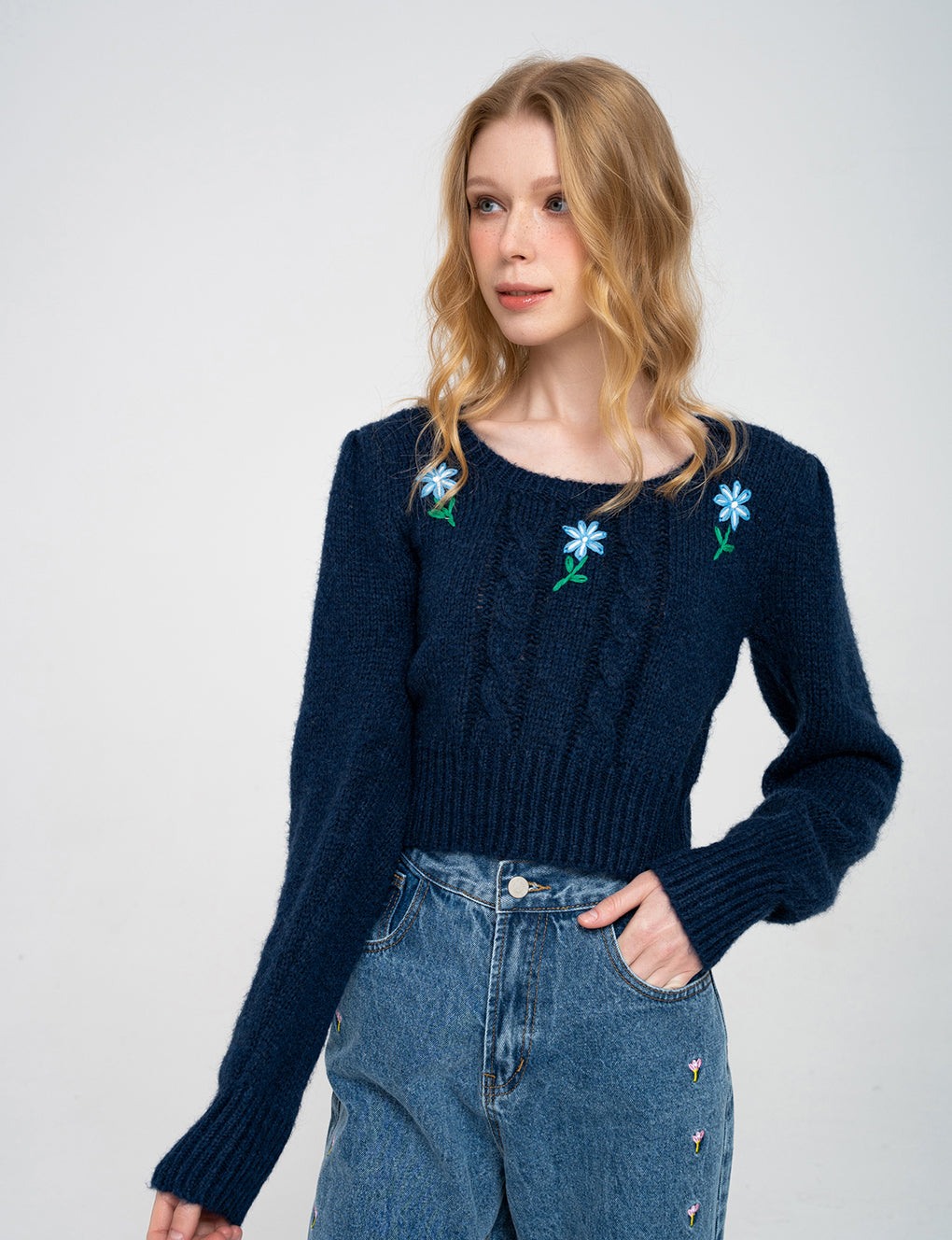 Cropped Floral-embroided Cable-knit Wool-blend Sweater