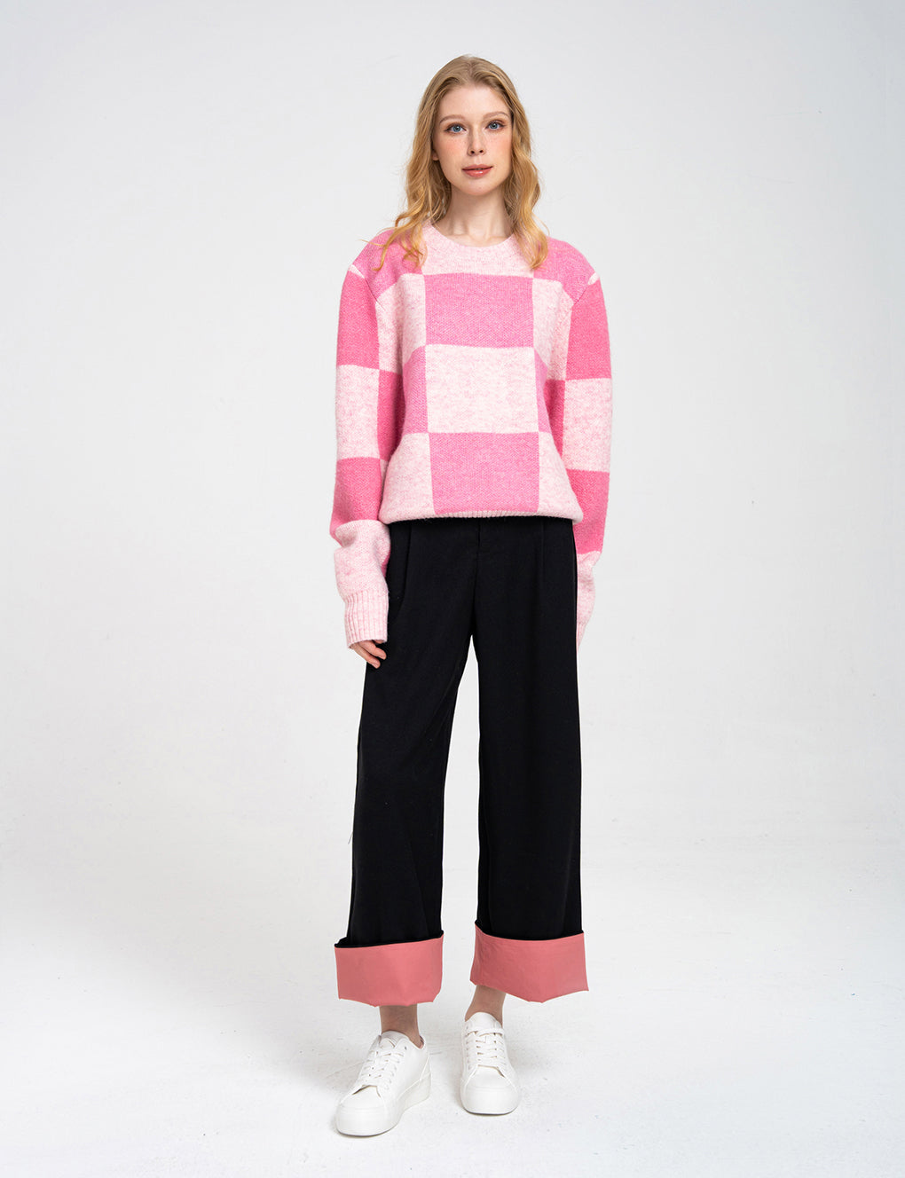 Two-color Block Stretch Knit Wool-blend Pullover Jumper