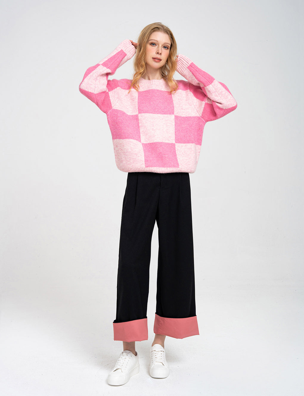 Two-color Block Stretch Knit Wool-blend Pullover Jumper