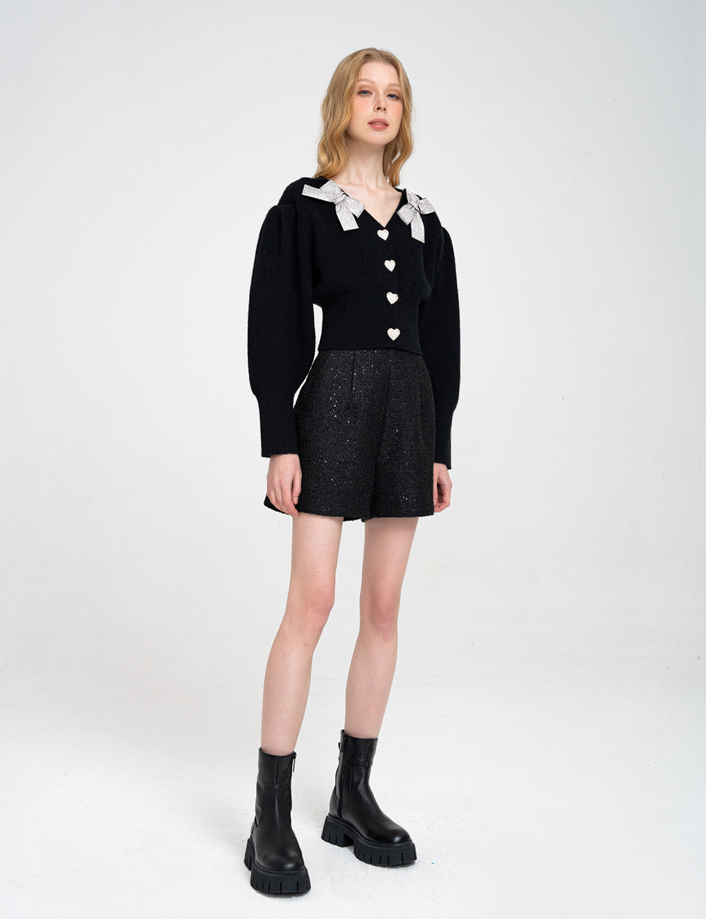 Bow-embellished Dropped Shoulder Heart-design Button-embellished Knitted Jumper
