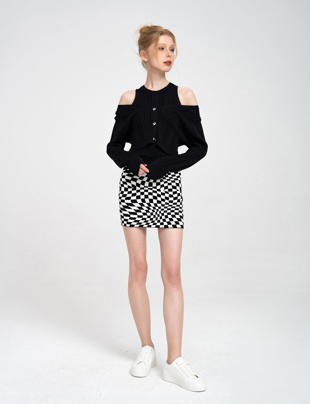 Cold Shoulder Ribbed Stretch knitted Cardigan and Top Set