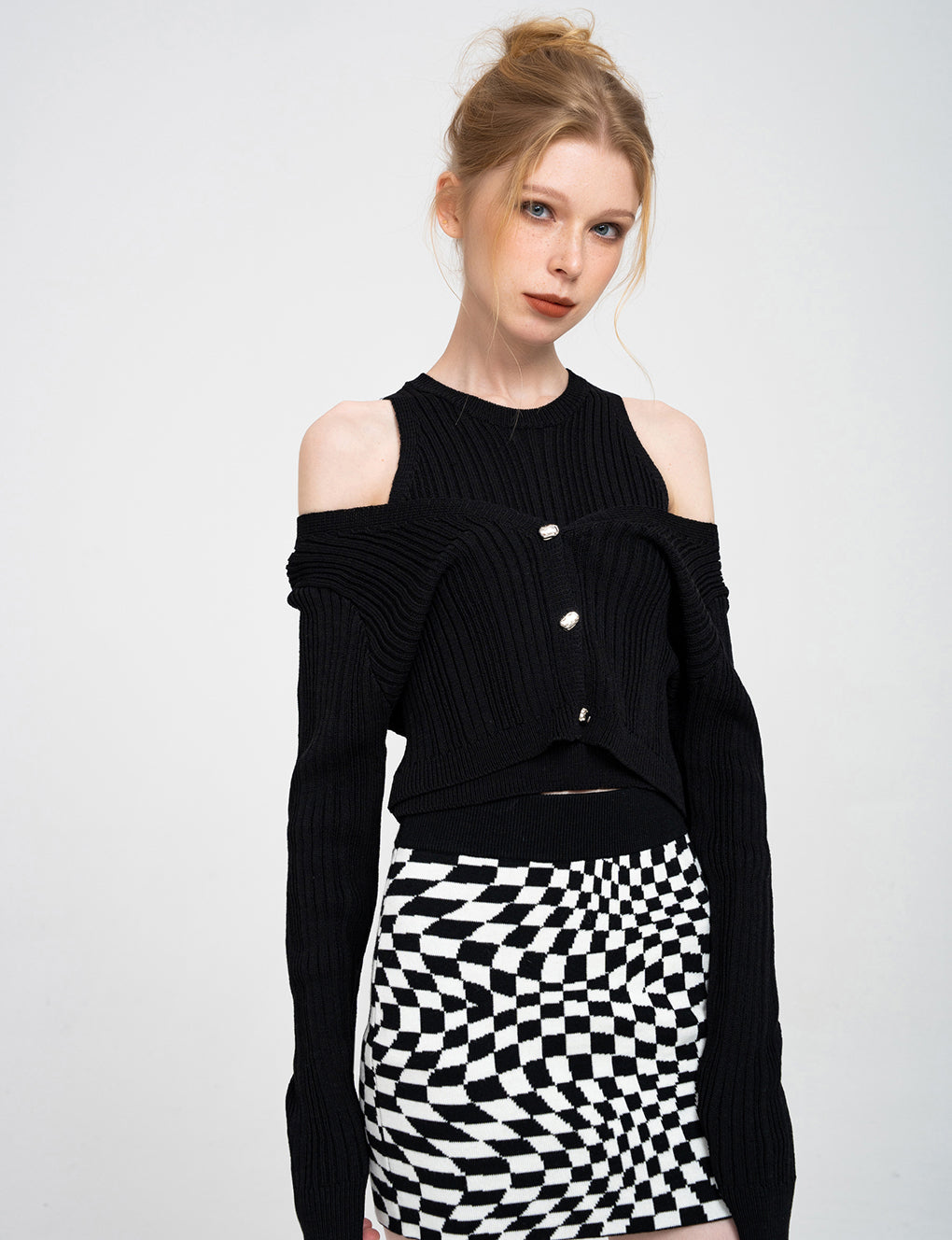 Cold Shoulder Ribbed Stretch knitted Cardigan and Top Set