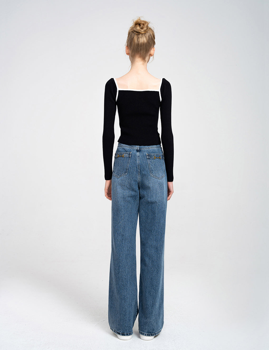 Trimmed Square Neck Stretch-knit Sweater
