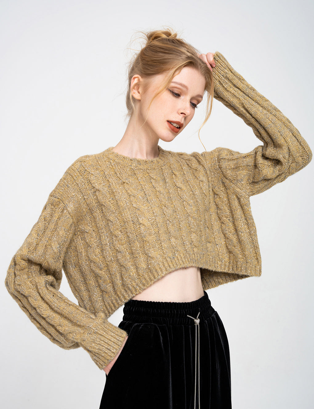 Cropped Rear High-split Cable-knit Sweater