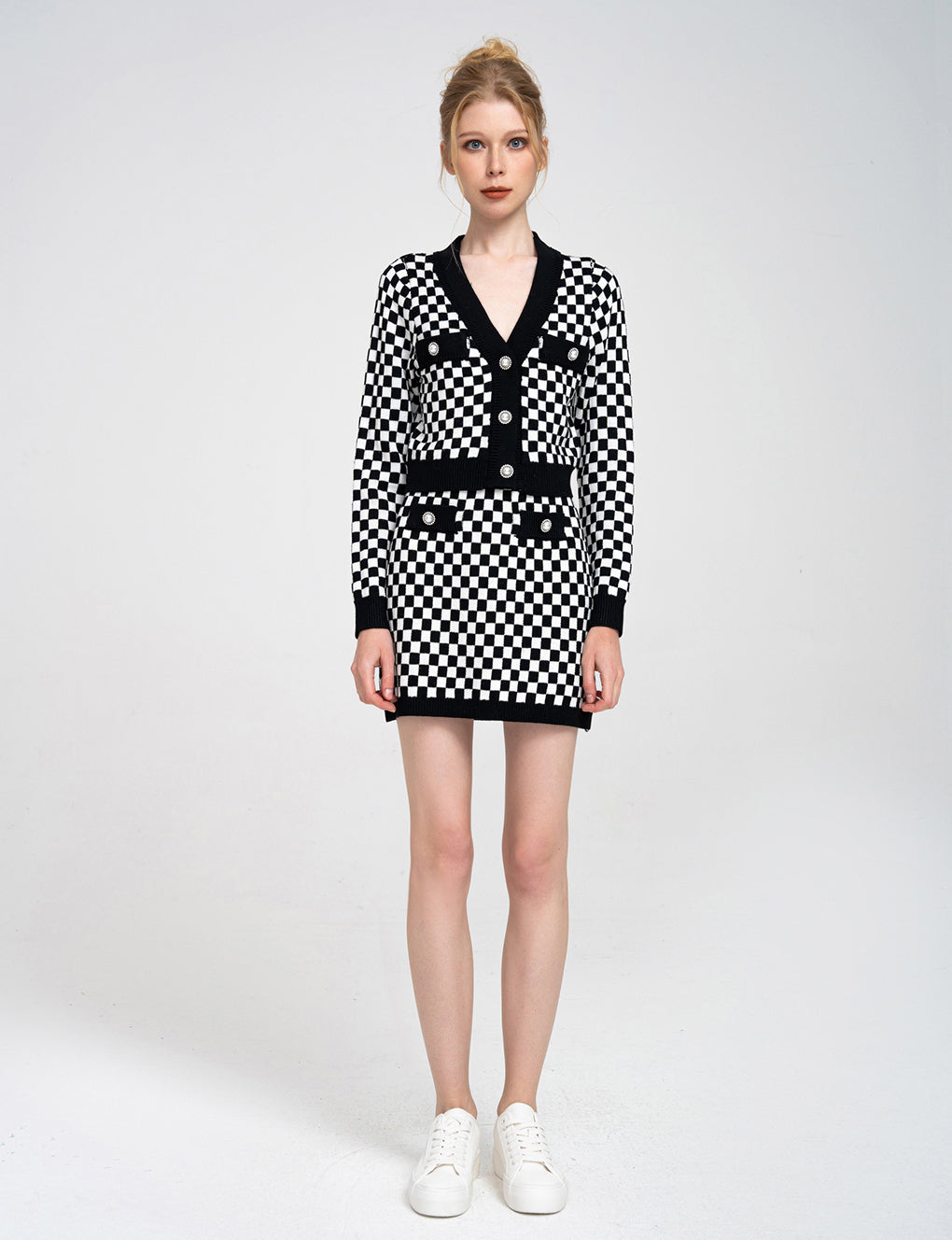 Button-embellished Checked Knitted Wool-blend Mini Skirt