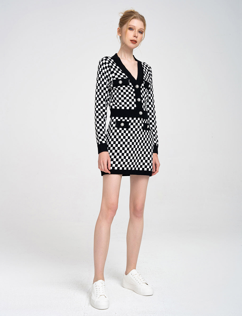 Button-embellished Checked Knitted Wool-blend Mini Skirt