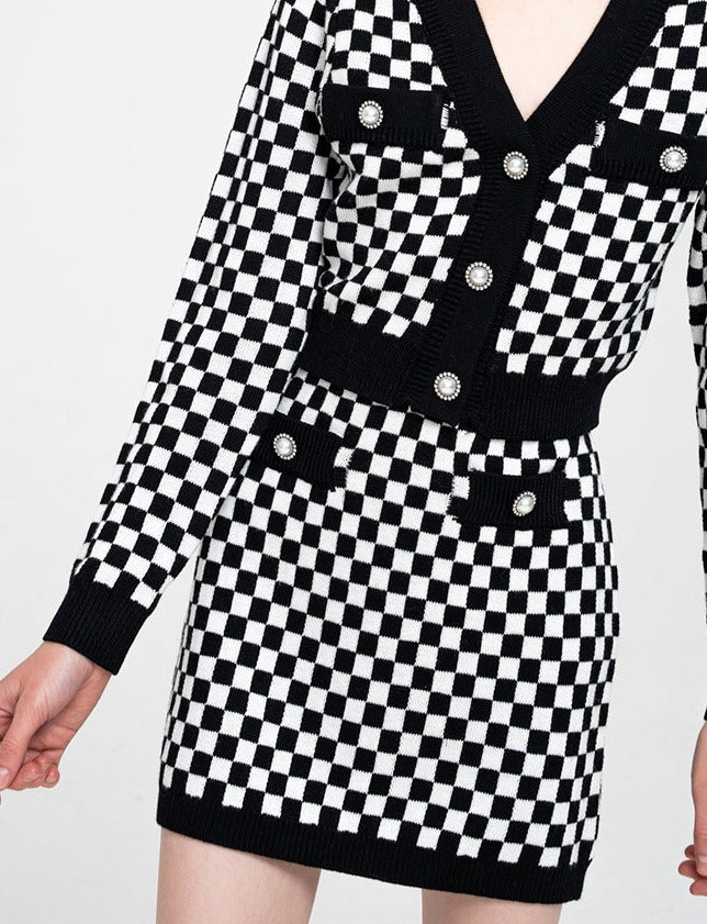 Button-embellished Checked Knitted Wool-blend Mini Skirt
