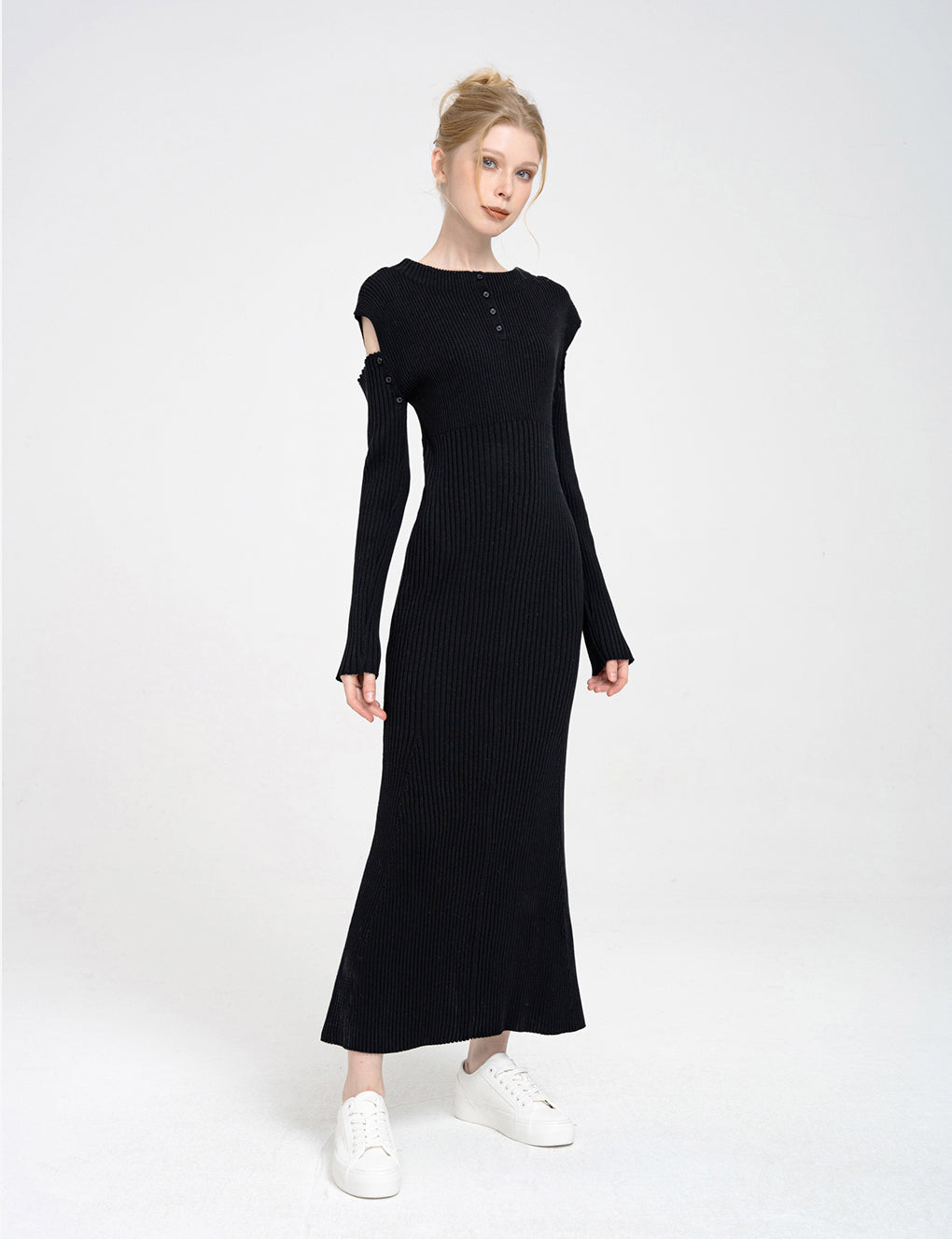 Detachable-sleeves Ribbed-knit Cotton-blend Midi Dress