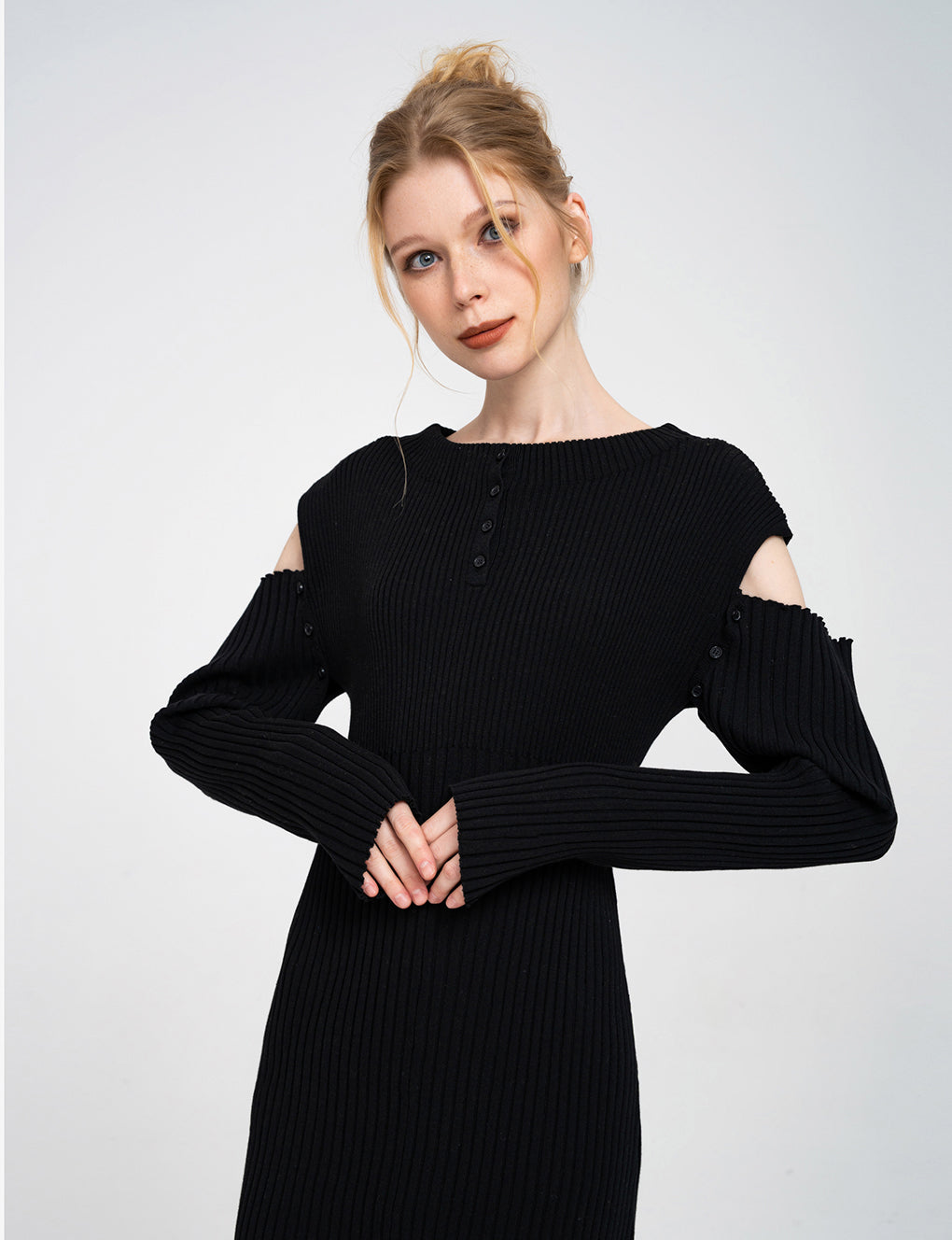 Detachable-sleeves Ribbed-knit Cotton-blend Midi Dress