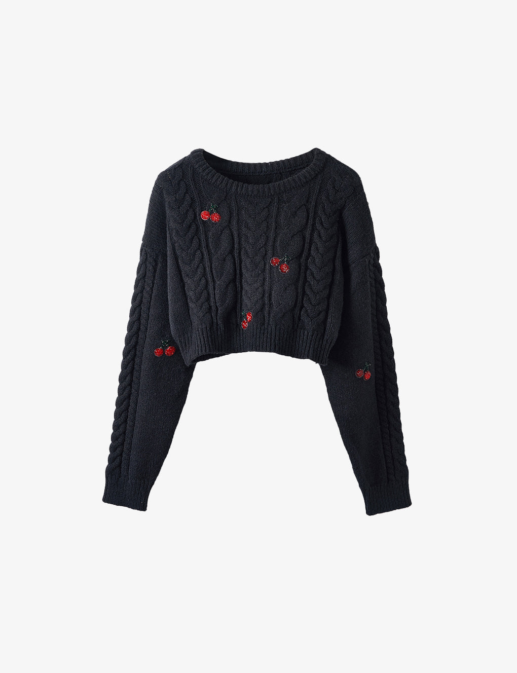 Cropped Cherry-embellished Cable-knit Jumper